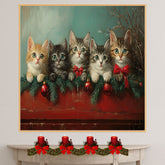 "Retro Christmas Charm: Five Adorable Kittens" Vintage-Style Holiday Scene on Ready to Hang 1.5" Thick Canvas Wrap, Floating Framed Canvas, Flat Rolled Canvas